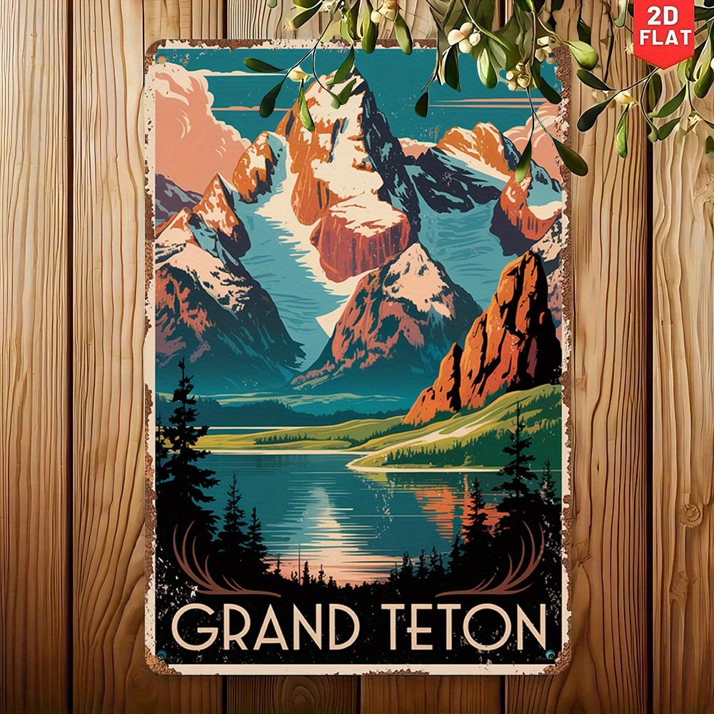 Grand Teton National Park Retro Metal Sign Mountain Landscape Travel Wall Decor