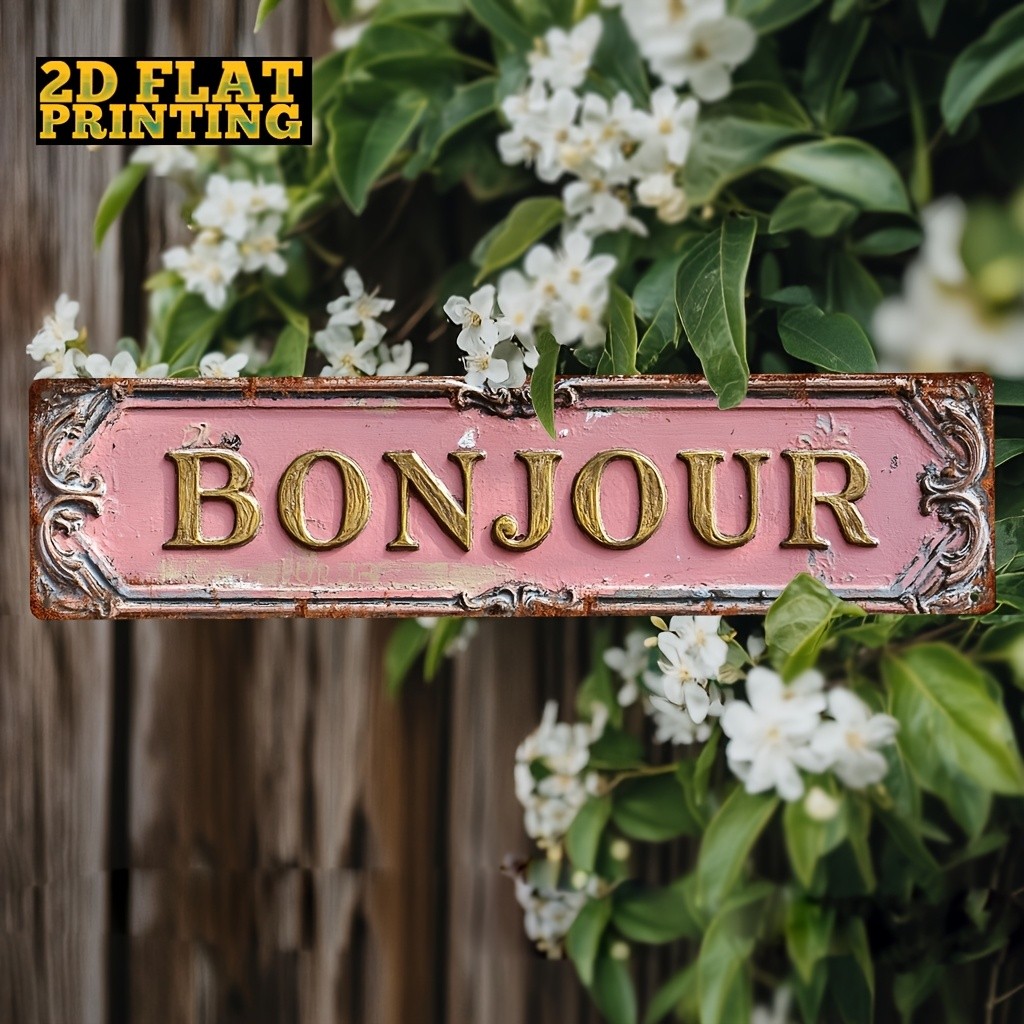 Metal Sign Vintage Pink Ornate Bonjour French Quote Door Entry Wall Decor Plaque