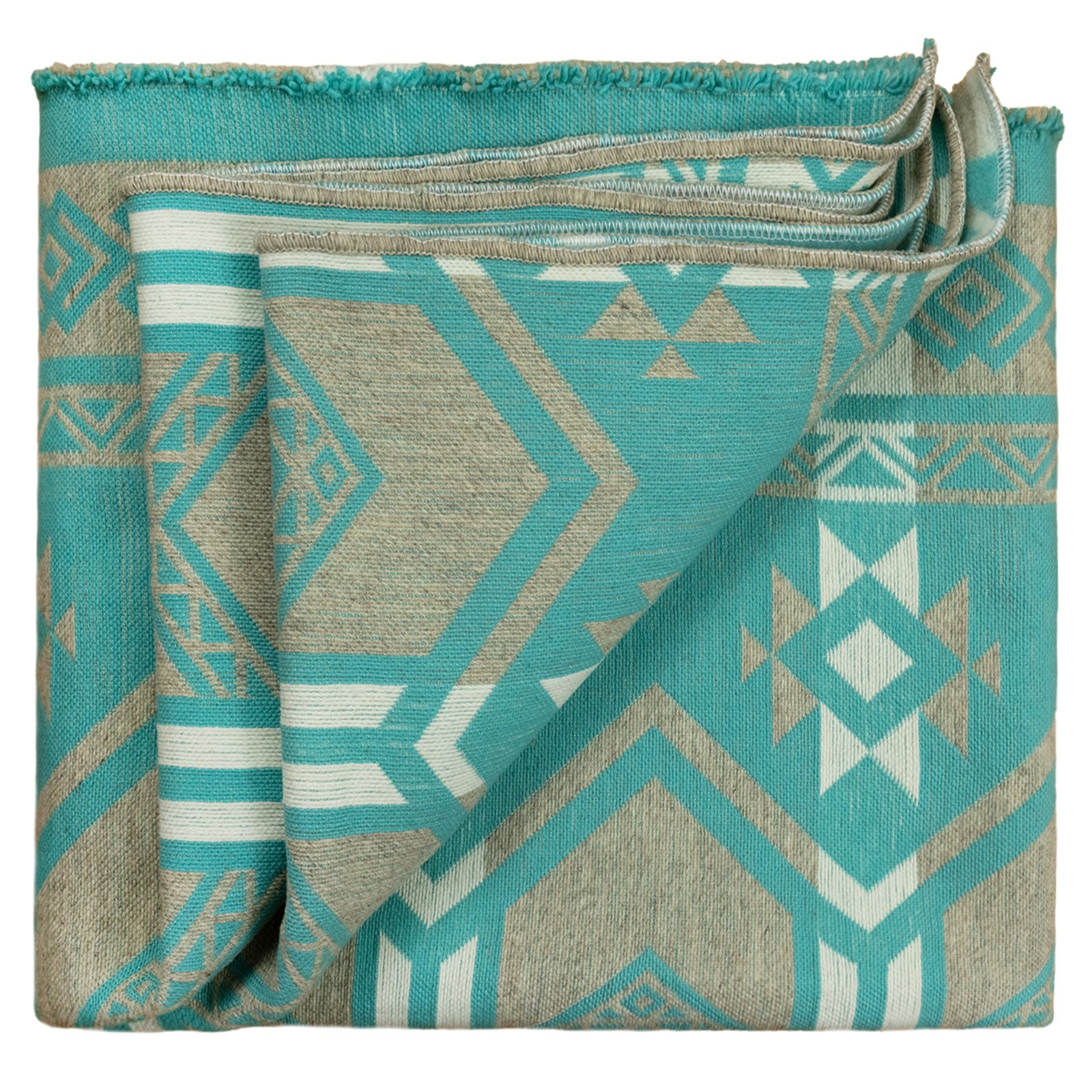 Handwoven Soft & Warm Heavy Thick Llama Wool Blanket – Turquoise/Sand 95×79 in