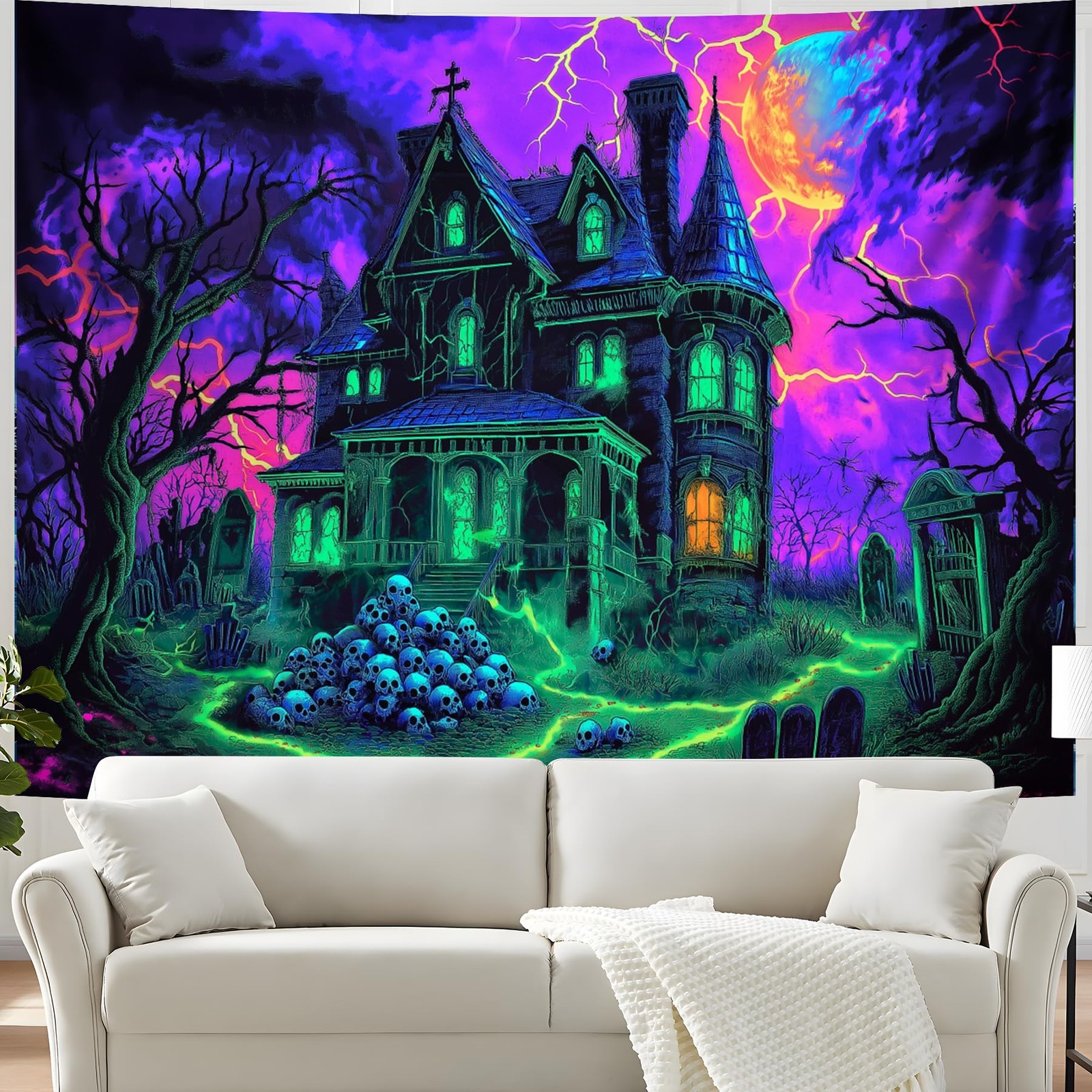 Blacklight Tapestry UV Reactive Glow Green Castle Wall Hanging Decor 90×70 In