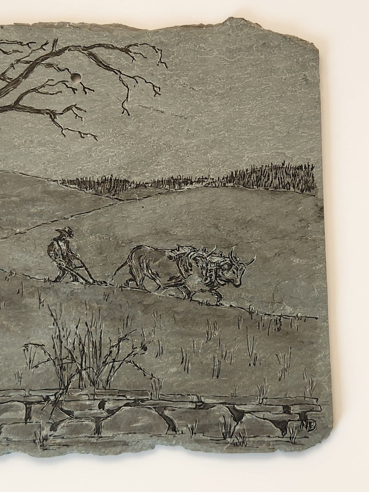 Etched Stone Wall Decor Landscape Countryside Barn Farm Animals Scenic Signed NY
