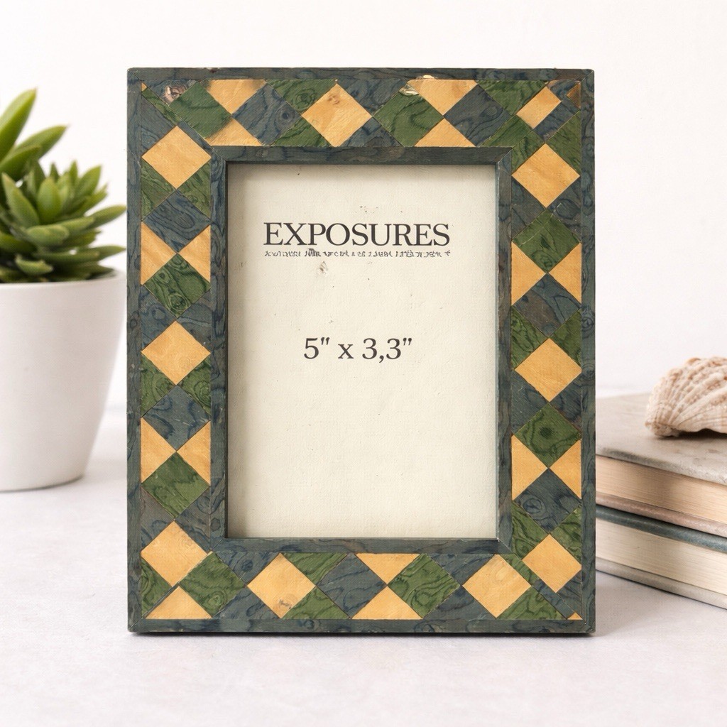Exposures Italy Wood Marquetry Picture Frame 5×3.5 Photo Green Gold Mosaic Frame
