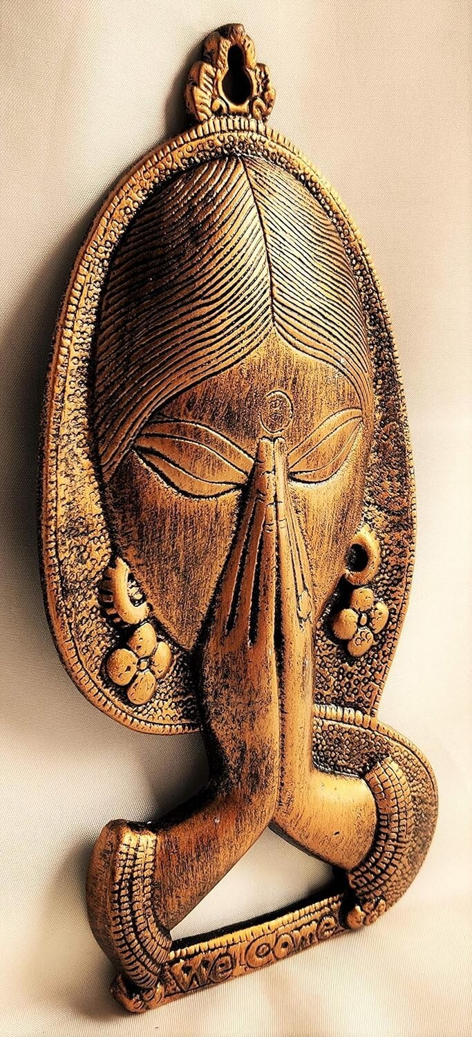 Indian Tradition Brass Art Ware Welcome Namaste Lady Metal Hanging Wall Decor
