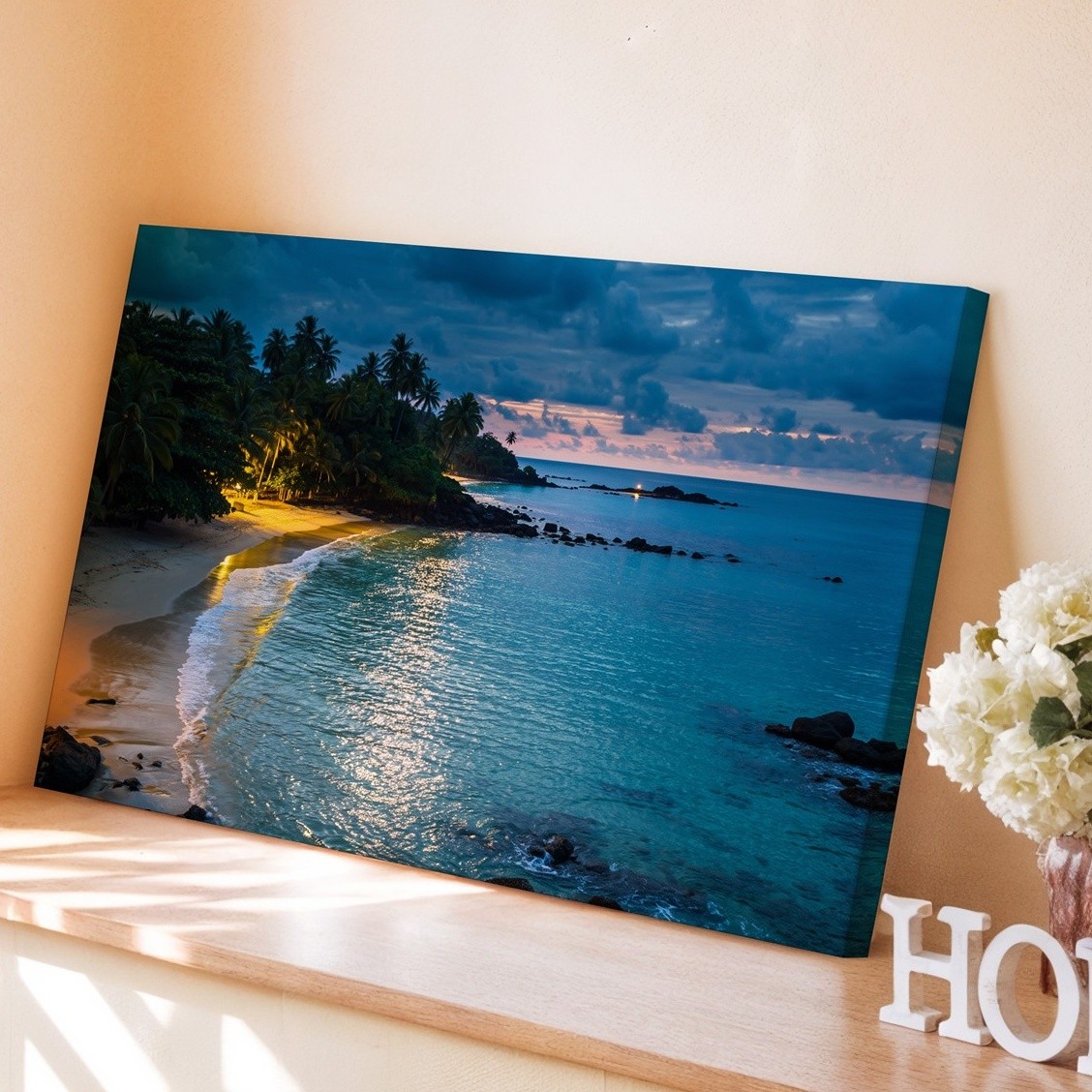 Wall Art Serene Beach Scene At Night, Featuring A Sandy Shoreline Bordered By