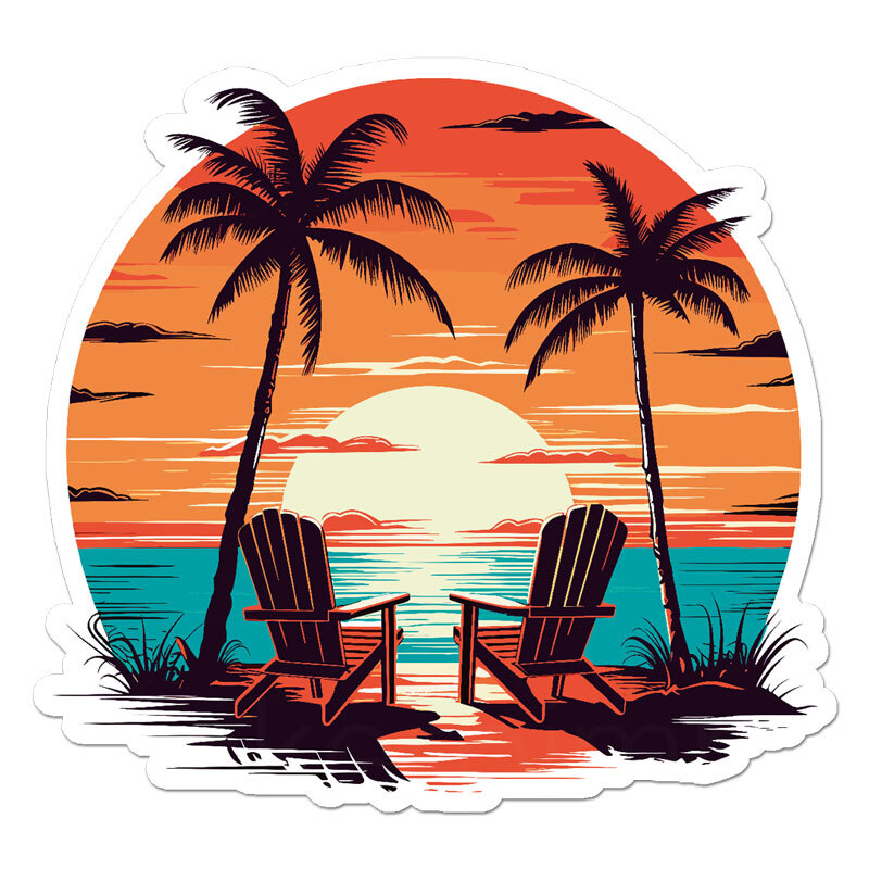 Beach Chairs Sunset, Vinyl Decal Sticker, Indoor Outdoor, 3 Sizes, #11918