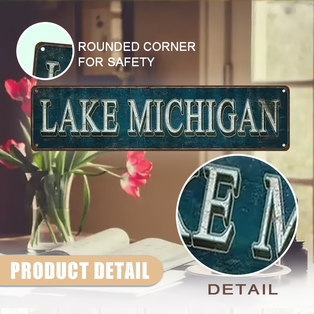Vintage Lake Michigan Metal Sign Teal 4×16 Inches