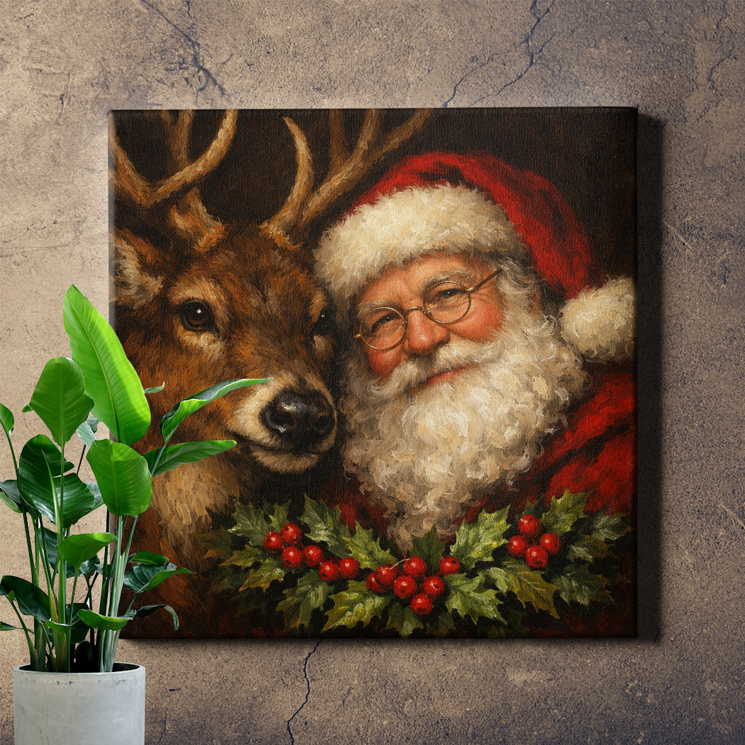 Vintage Santa and Reindeer Holiday Wood Framed Canvas Painting