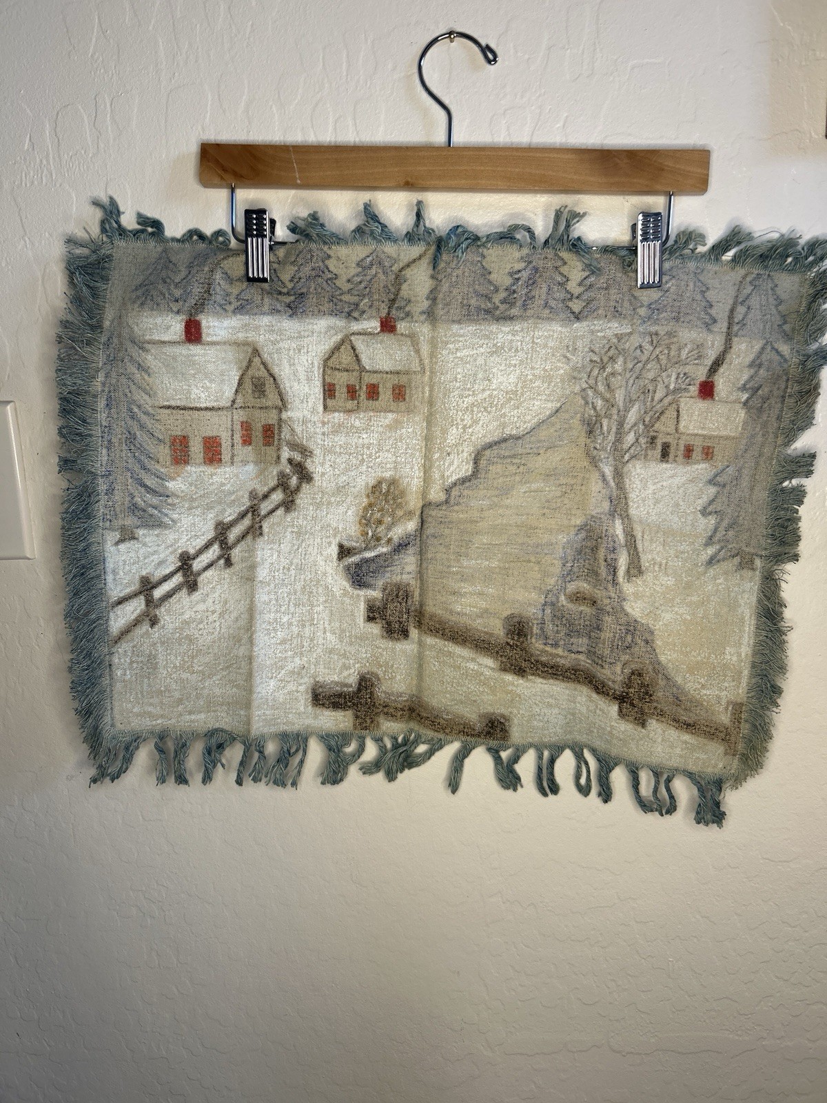 Fringed Winter Village Scenic Wall Tapestry, Blue/Beige/White, 21 x 16 in