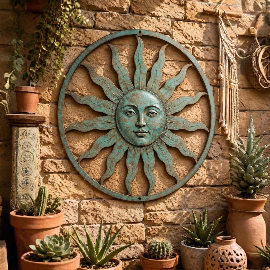 Turquoise Sun Face Metal Wall Art, Outdoor Sun Wall Decor, Patina Garden Patio