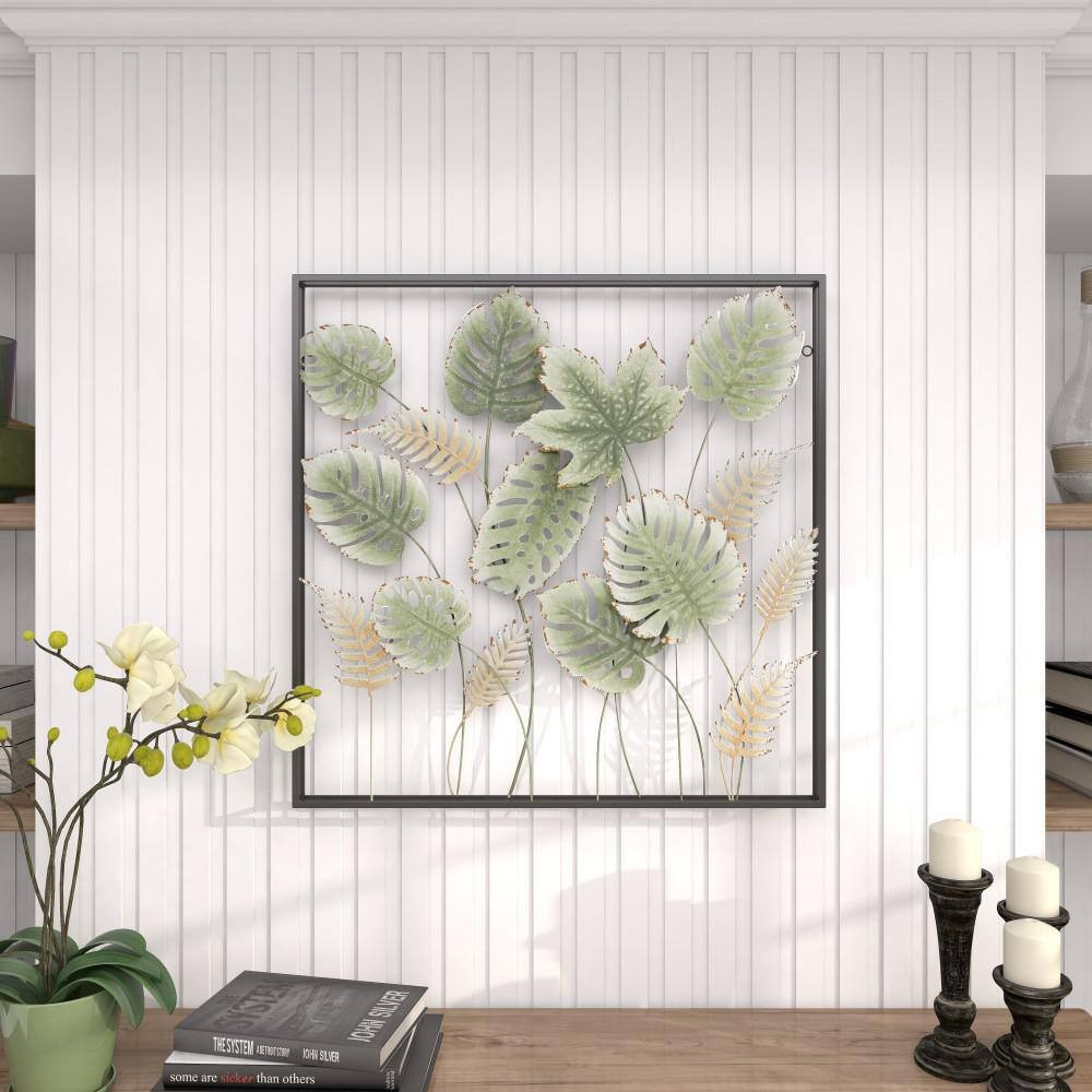 30 In. X 30 In. Metal Green Tall Cut-Out Leaf Wall Decor with Intricate Laser Cu