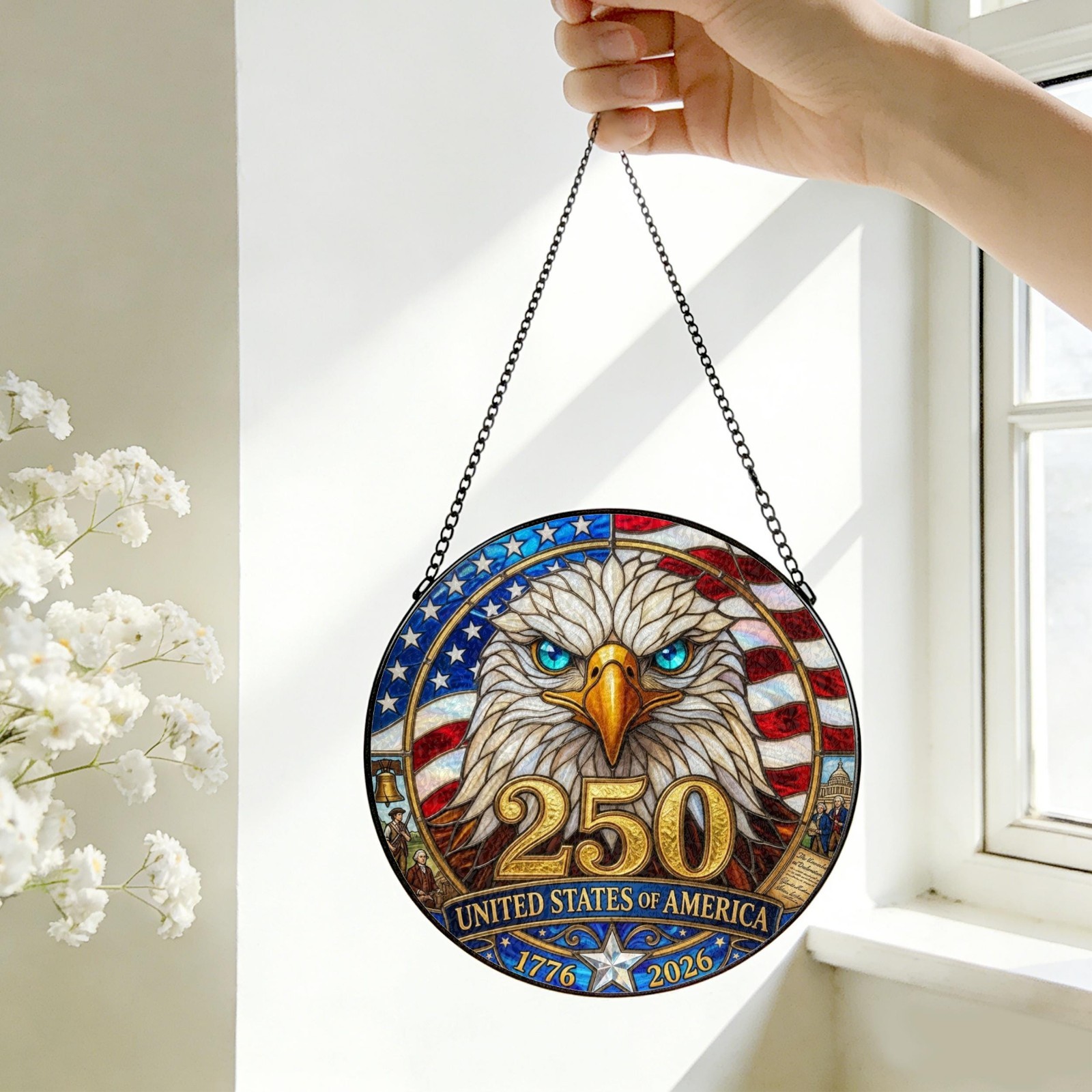 USA 250th Anniversary Stained Glass Suncatcher Patriotic Floral Acrylic Window