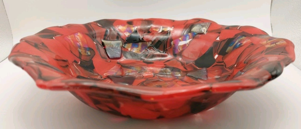Handcrafted Fused Glass Decorative Bowl – Red & Black with Sparkle – 10″ Round
