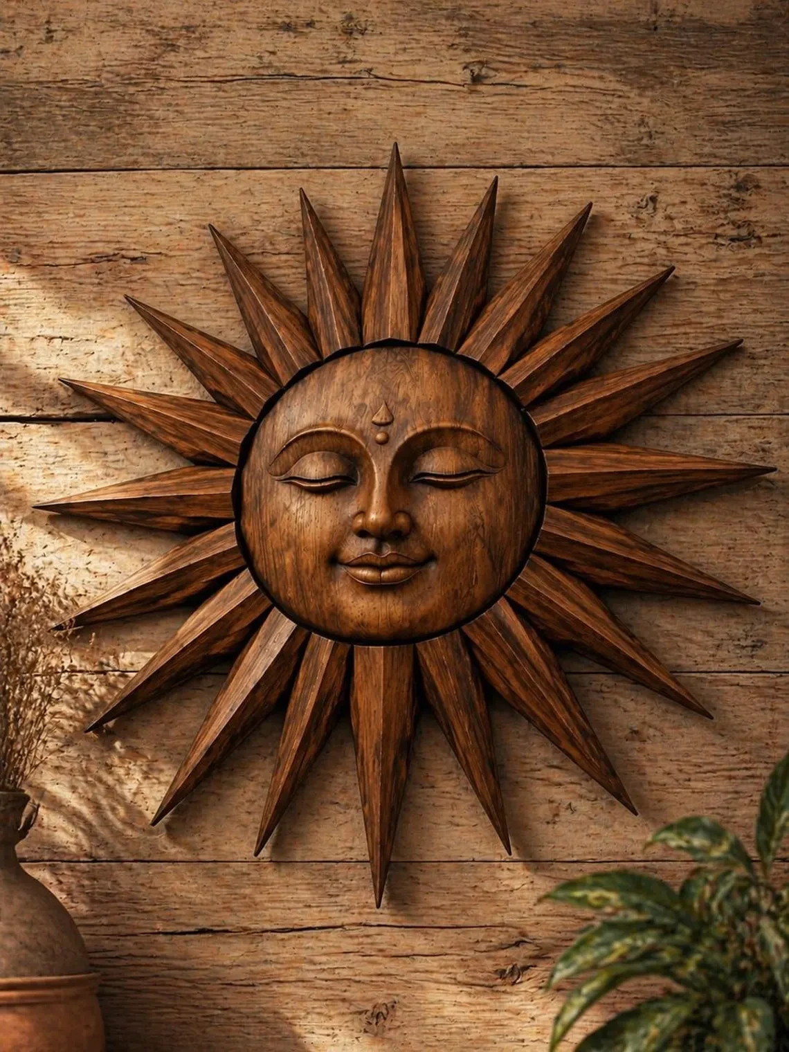 Rustic Wooden Sunburst Sculpture Hand Carved Teak Sun Face Wall Art Spiritual