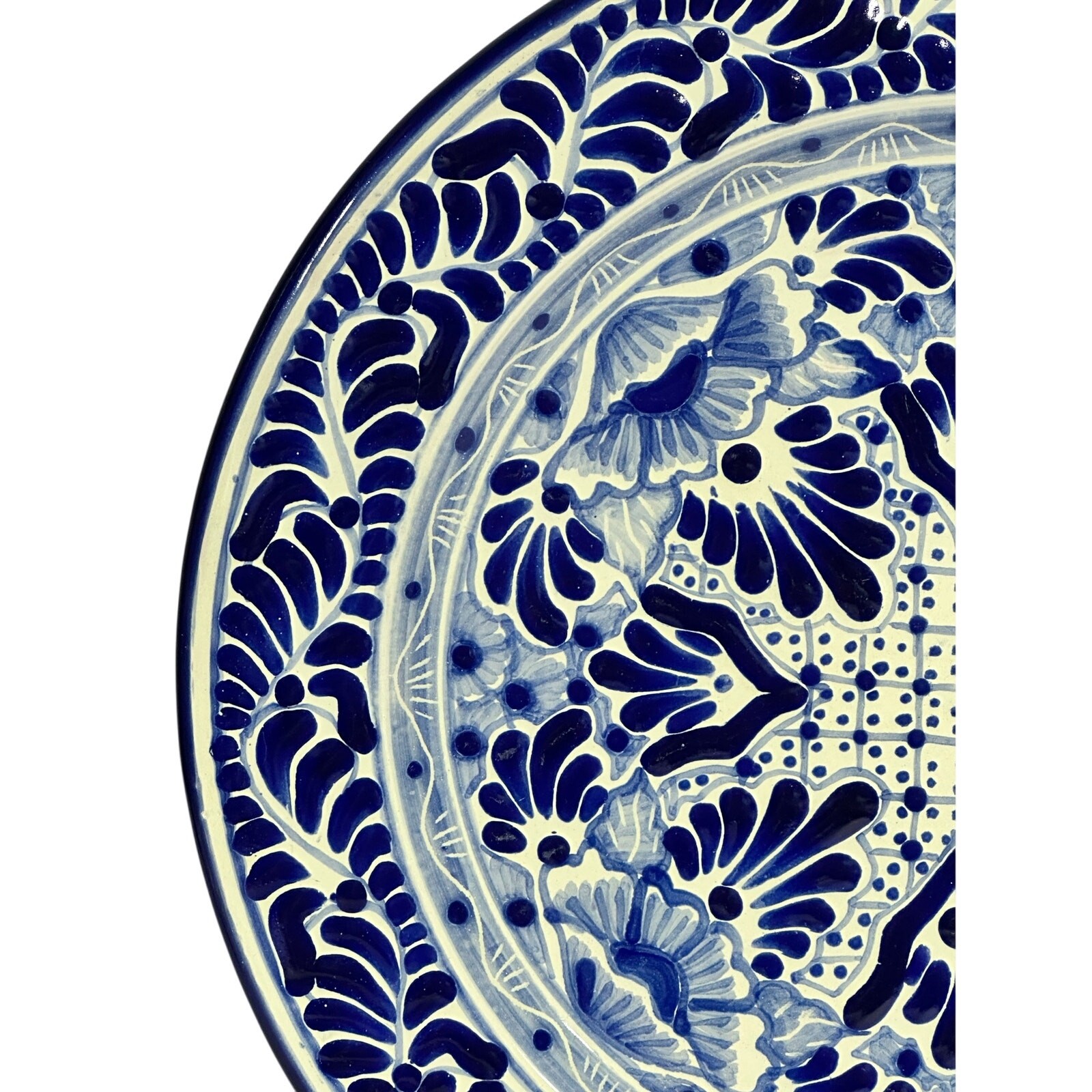 Talavera Puebla Pottery Mexico Cobalt Blue White 12″ Charger Plate-Design A