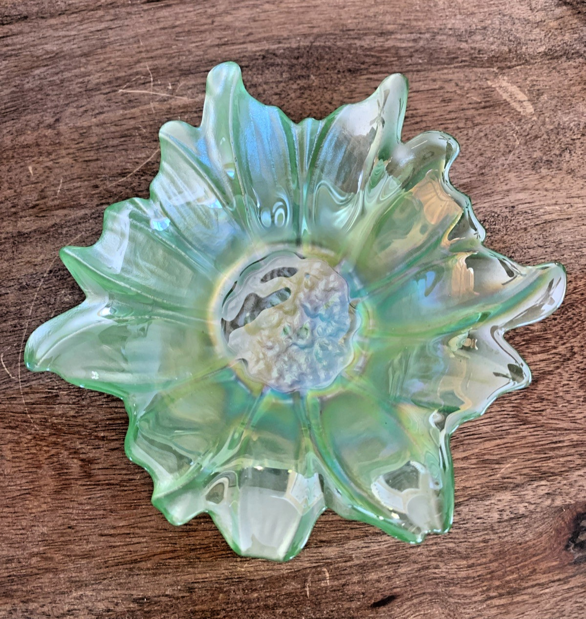 Akcam Light Green Iridescent Turkish Floral Art Glass Bowl Candy Dish 6″