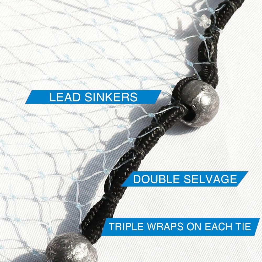 Pancake Cast Net – Heavy-Duty 1.0+ Lb/Ft Weights, 4Ft to 12Ft Radius, Multiple M