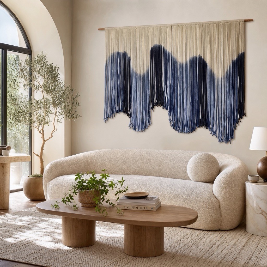 NEW Anthropologie XL Blue Dip Dyed Boho Tapestry Macrame Wall Hanging Art 57×40