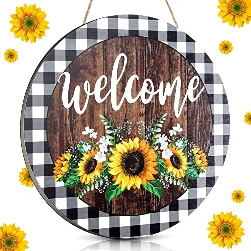Sunflower Christmas Buffalo Plaid Welcome Sign 12 x 12 Inches Rustic