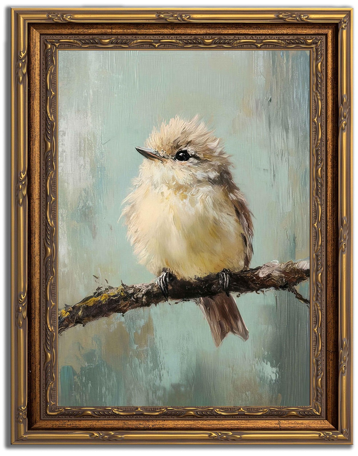 Gold Framed Bird Canvas Wall Art Vintage Beige Sparrow 11L x 9W, bird