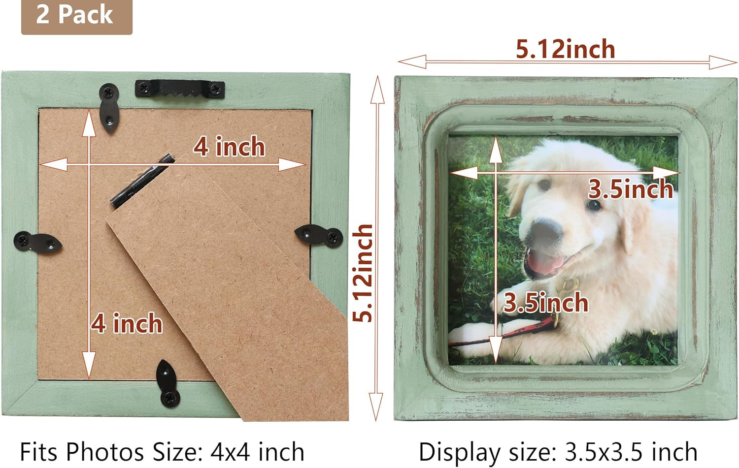 Picture Frames 4×4 Set of 2 Handmade Rustic Wood Frames with Hard Glass – 2 Pack