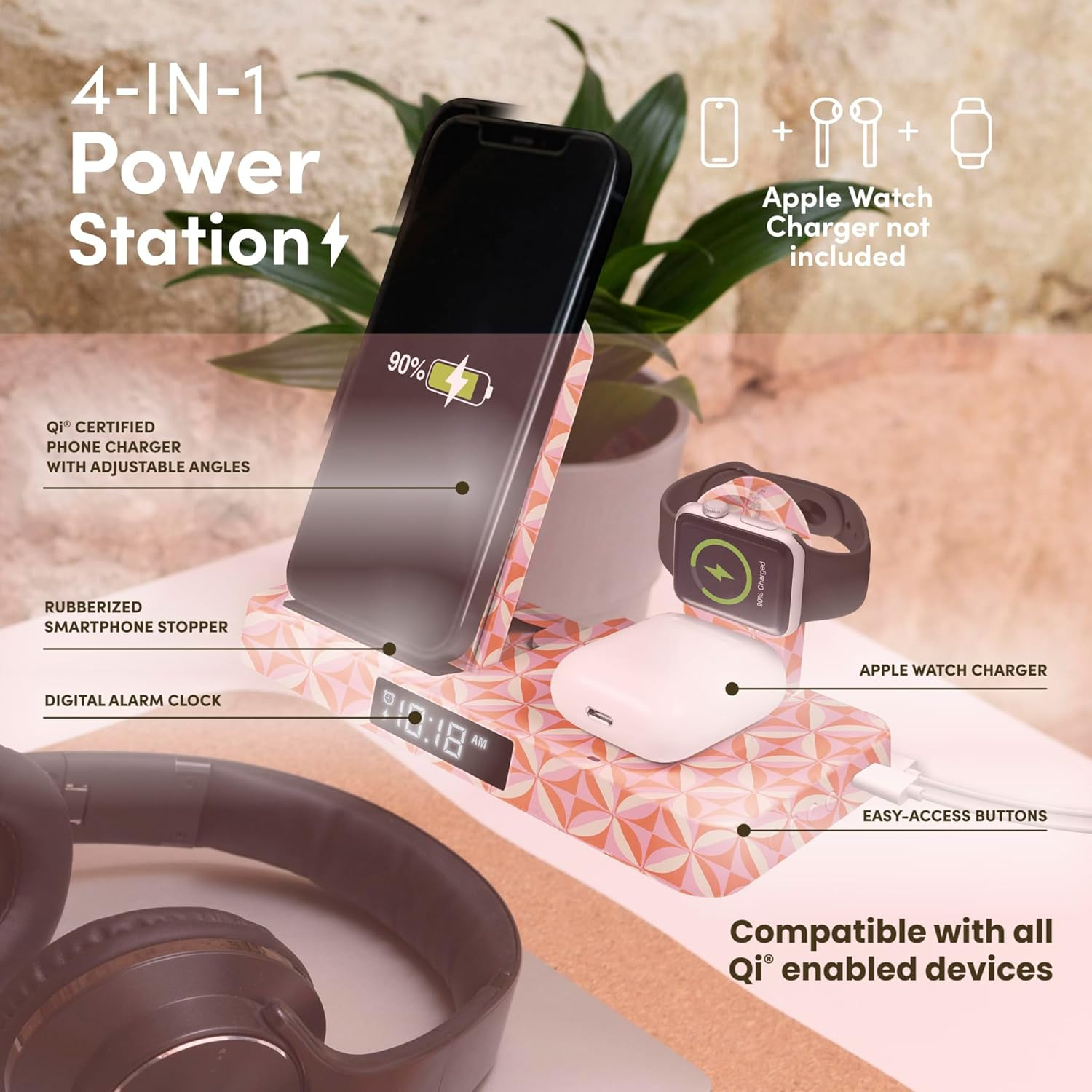 4-In-1 Power Station with Wireless Charging Clock – Digital Alarm Clock with App