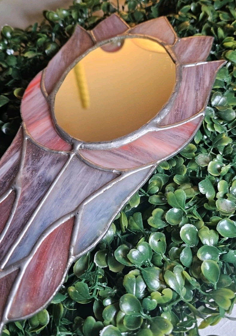 VTG Handmade Stained Glass mirror with a floral design. Pink