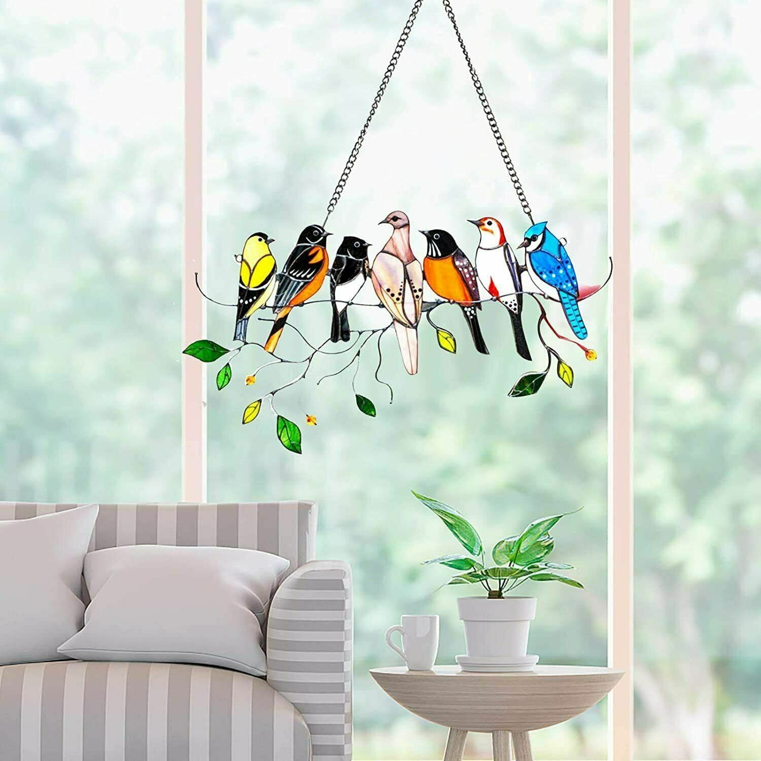 Multicolor 7 Birds on a Wire High Suncatcher Window Panel Hanging Home Decor