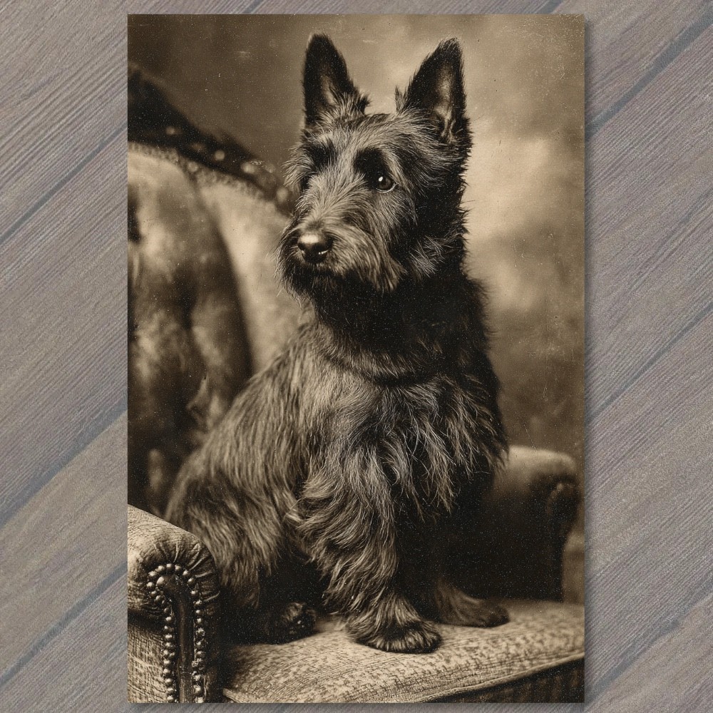 Art Print Scottish Terrier Dog Portrait Antique Armchair Moody Noir Monochrome