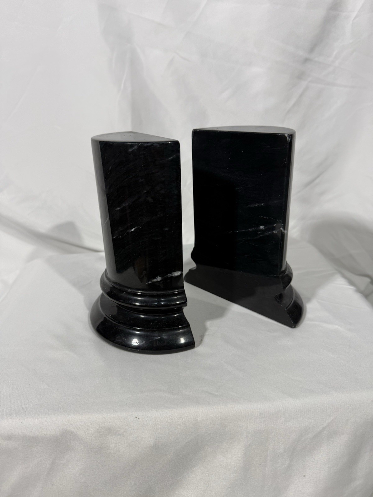 Pair Of Black Italian Marble Column Bookends 7″ H X 5.5″ W SOME MINOR CHIPs