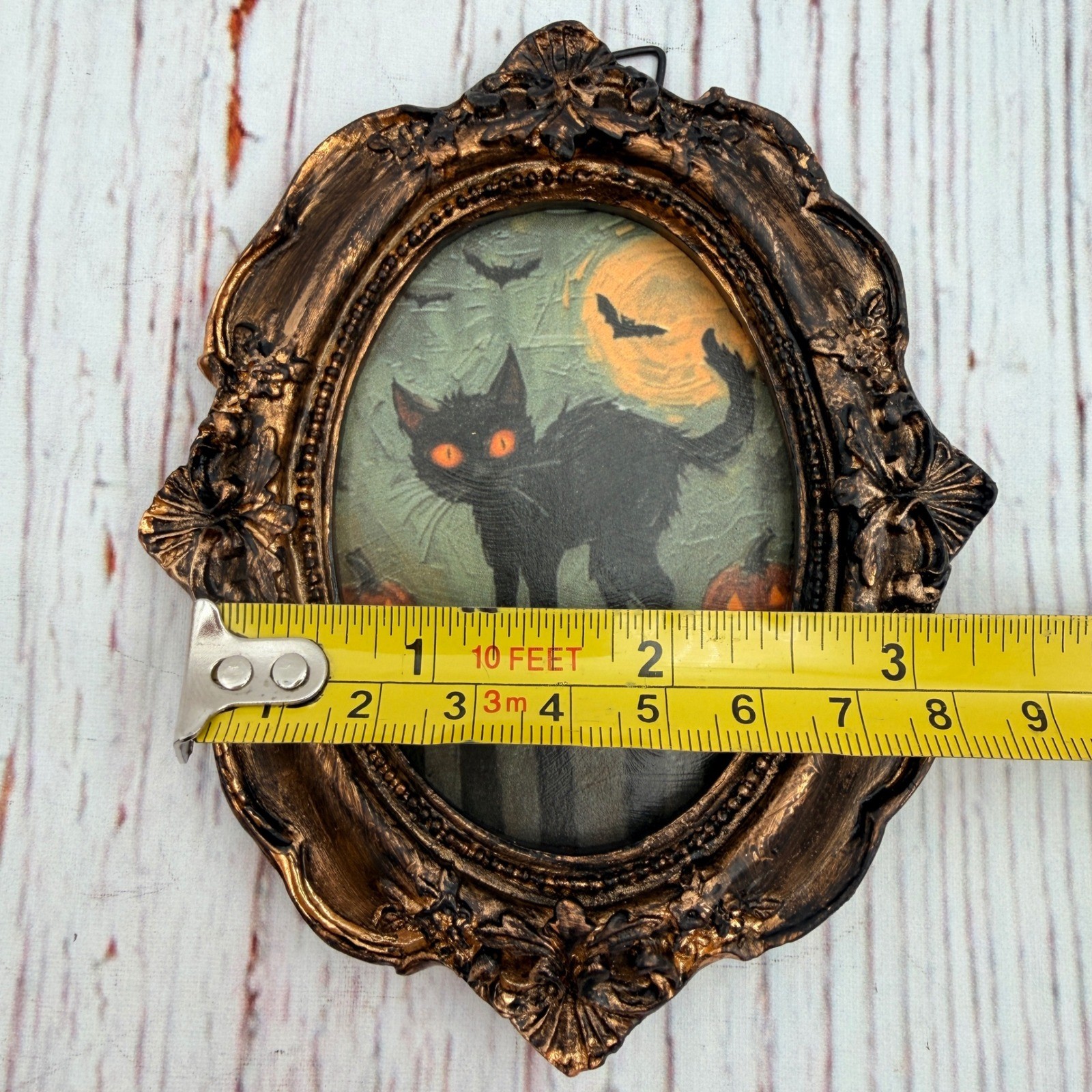 Vintage Style Halloween Black Cat Art Ornate Bronze Resin Frame 4.25in Mini