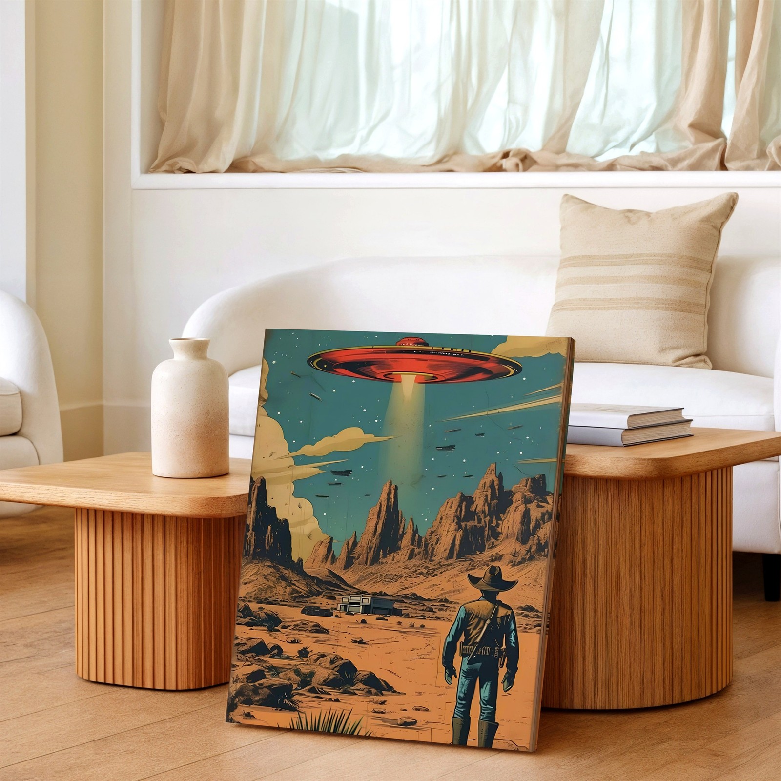 Wall Art Retro Sci Fi Desert Cowboy UFO Spaceship Poster Western Landscape Print