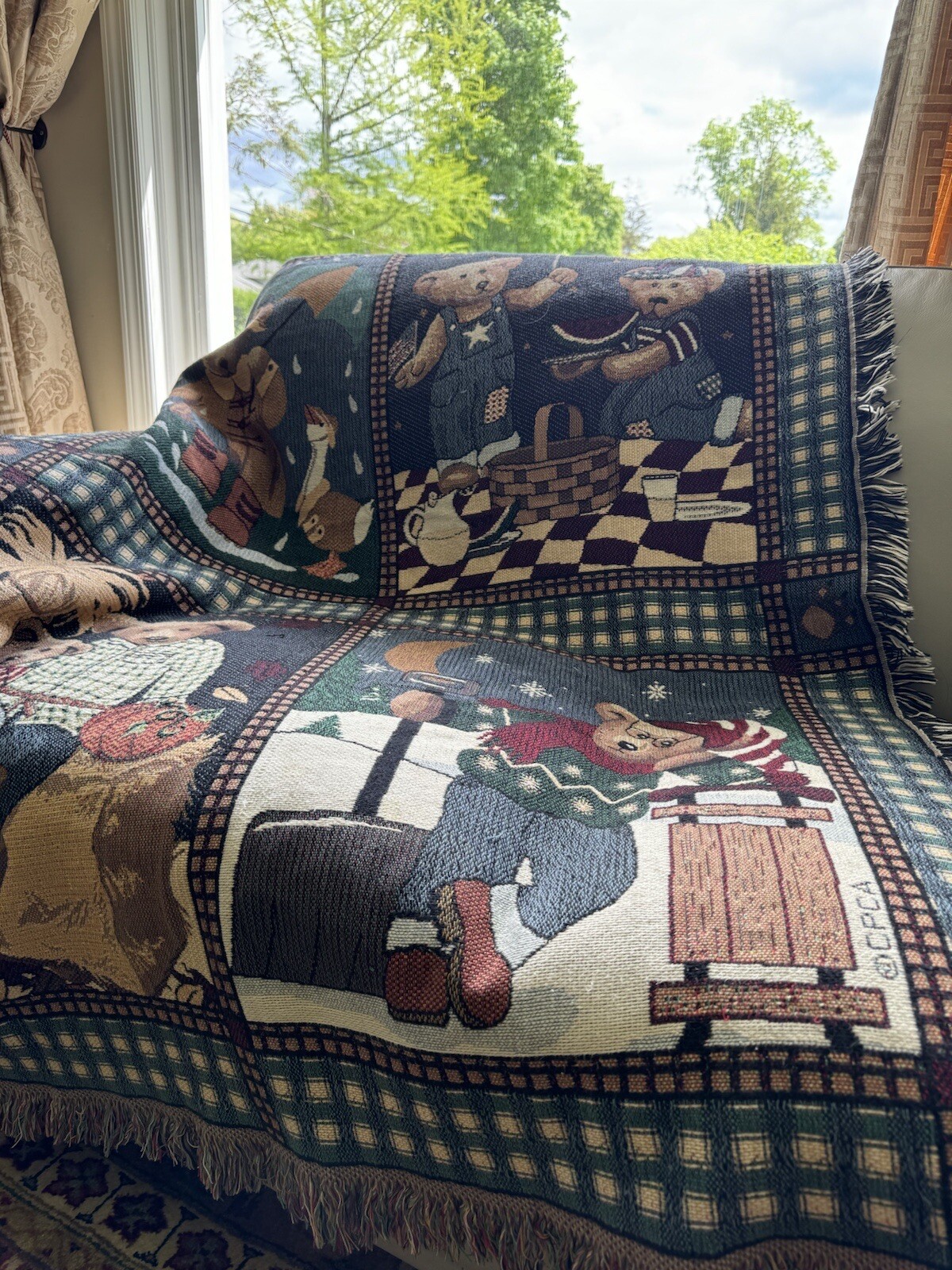 Vintage 90S Teddy Bears Cotten Jacquard Packet Throw Blanket Woven Fringe Retro