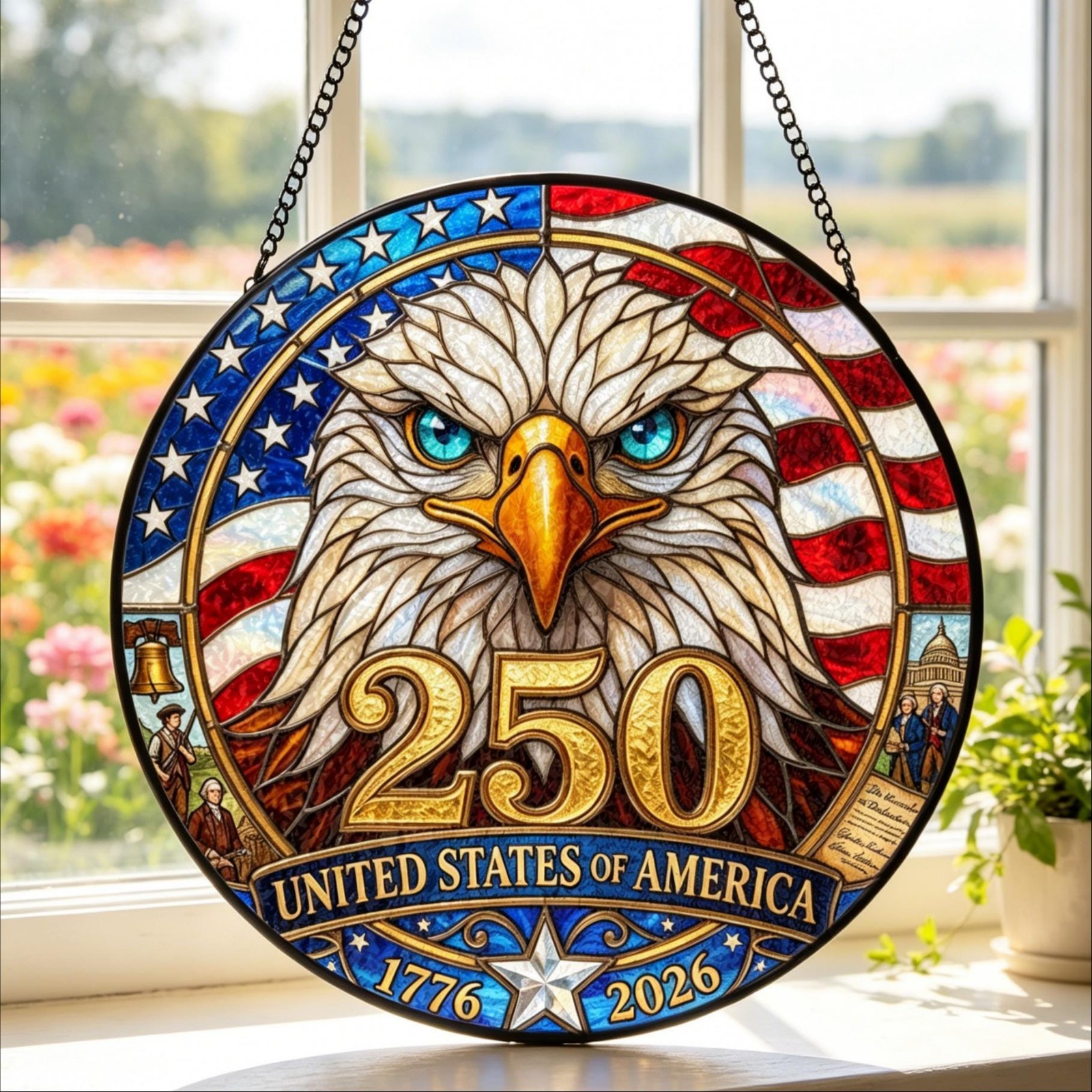 USA 250th Anniversary Stained Glass Suncatcher Patriotic Floral Acrylic Window