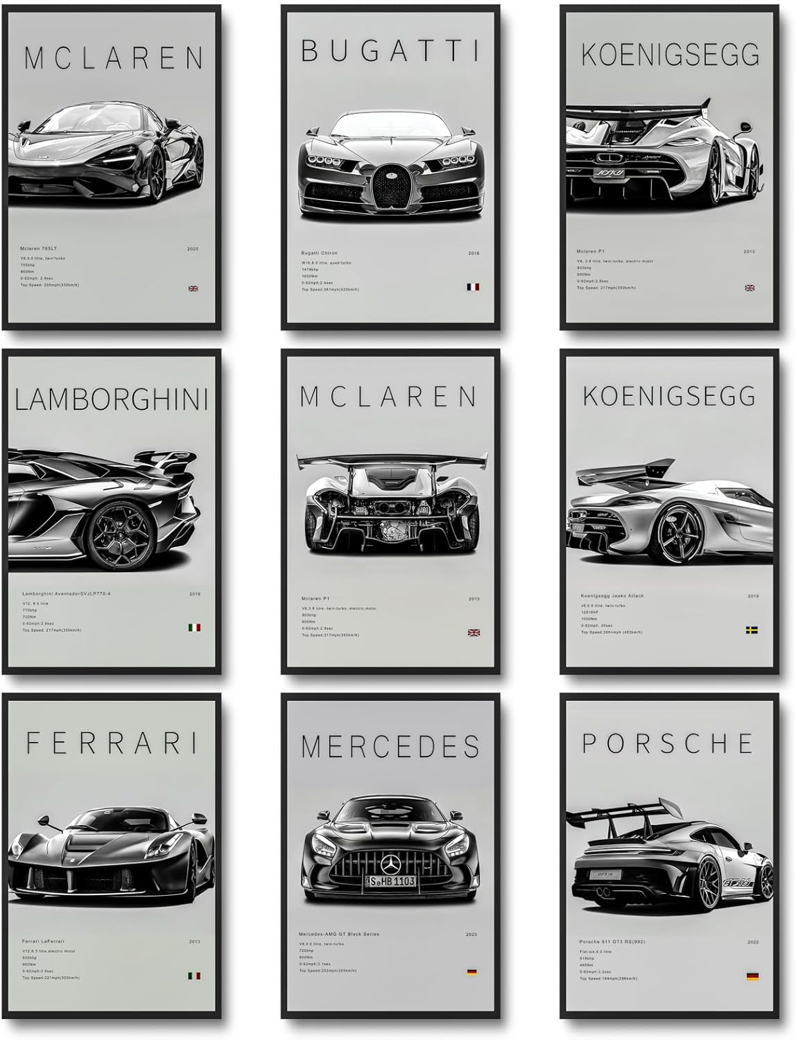 9Pcs Super Car Posters for Boys Room, Racing Car Wall Art for Me…