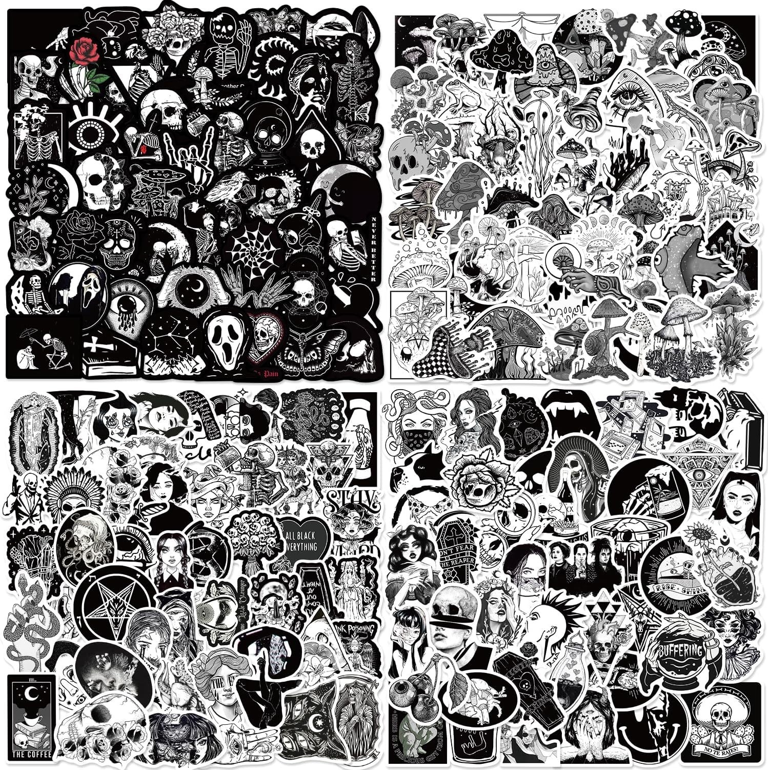200-Pack Goth Stickers Black & White Waterproof Vinyl Skull Horror Decals for