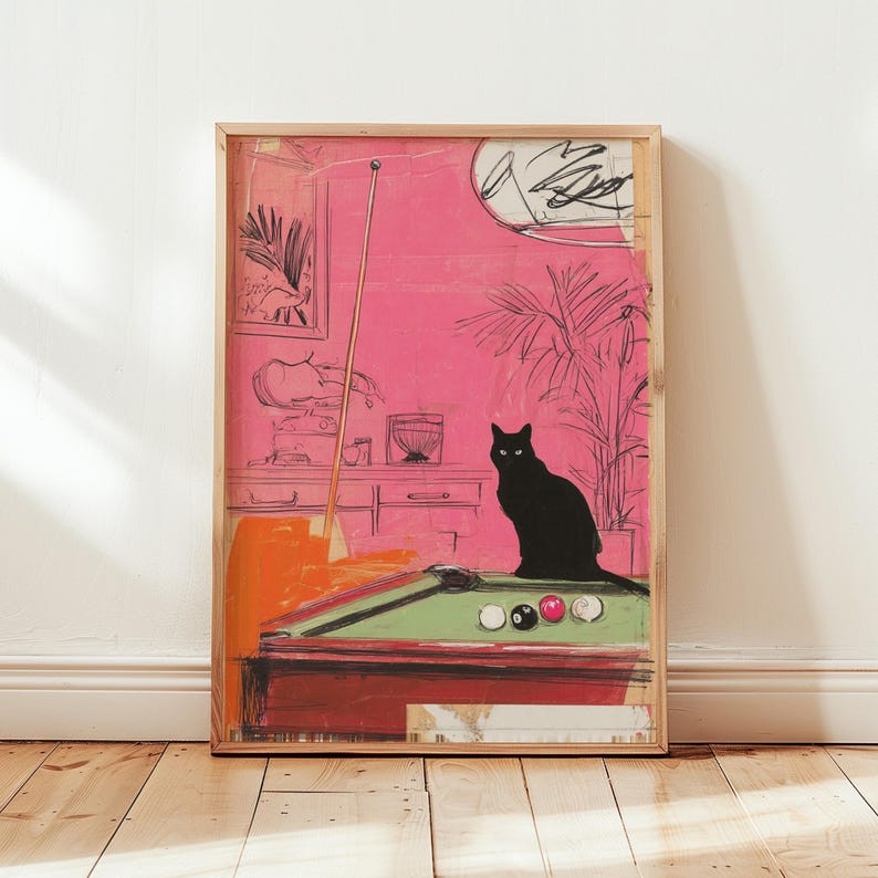 Retro Pink Cat Billiards Wall Art 24×36 Unframed Poster