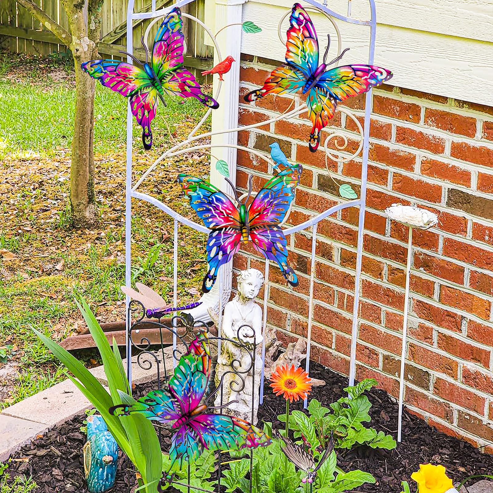 5 Hanging Large 9 Inch Colorful Metal Butterflies Wall Art Outdoor Patio Decor