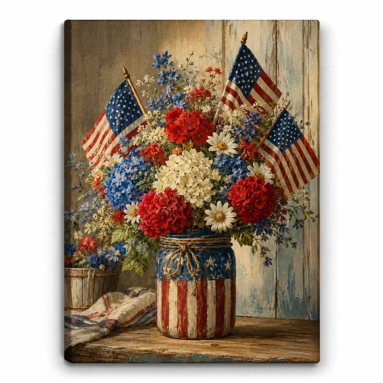 Patriotic Mason Jar Floral Canvas Wall Art, American Flag Flower Picture Print