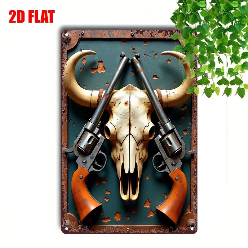 Retro West Cowboy Metal Wall Art Rustic Skull Revolver Tin Plaque Bar/Cafe Decor