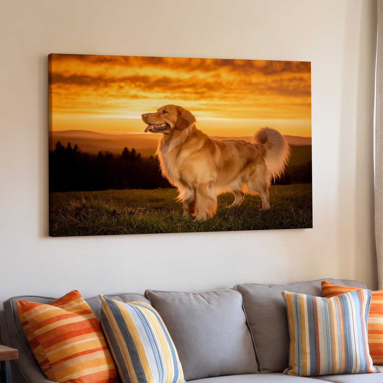 Golden retriever dog standing in grass at sunset canvas wall art print 78 Decor