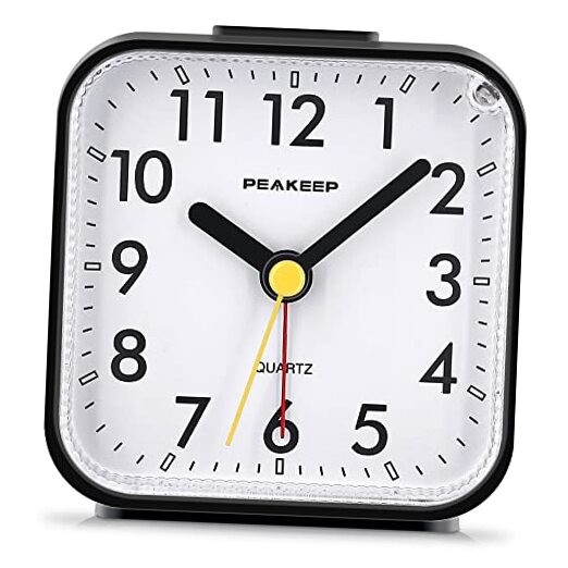 Small Battery Operated Analog Travel Alarm Clock Silent No Ticking, Black