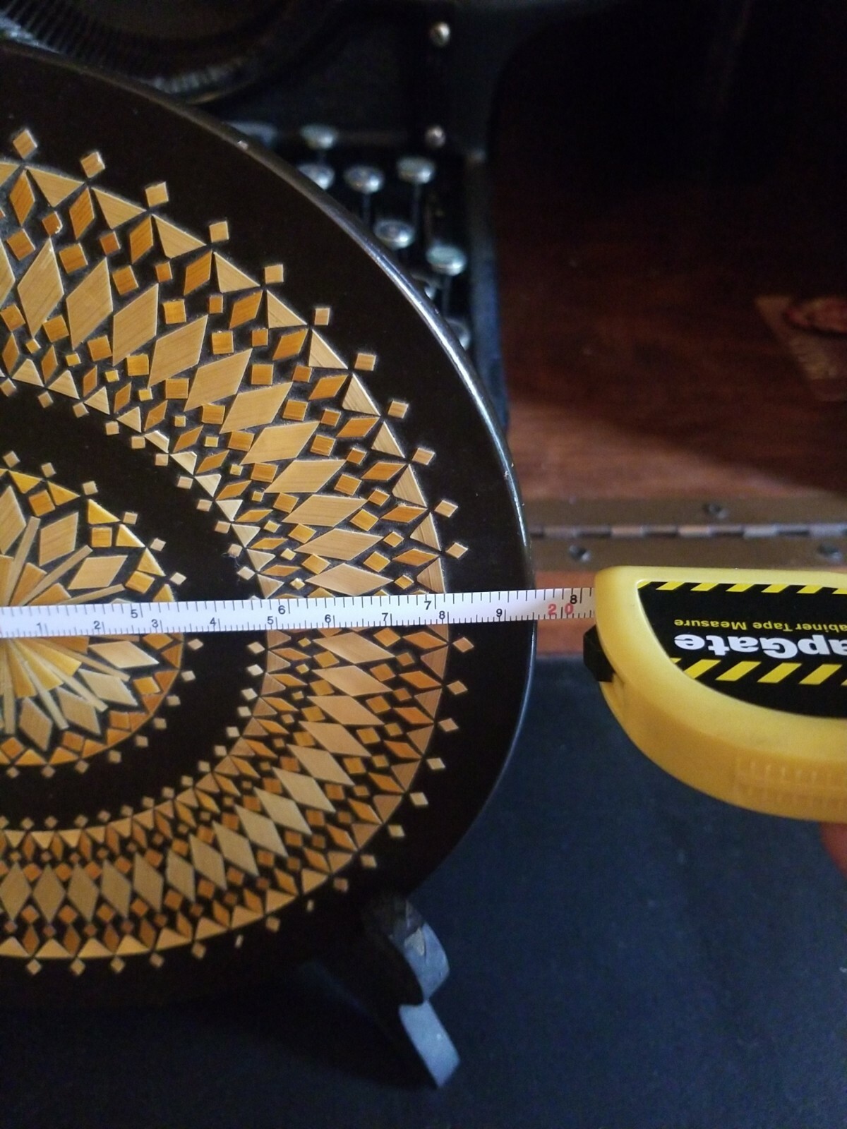 Russian Plate Ceramic Inlay Geometric Design 7.75 In Brown,Gold- repaired