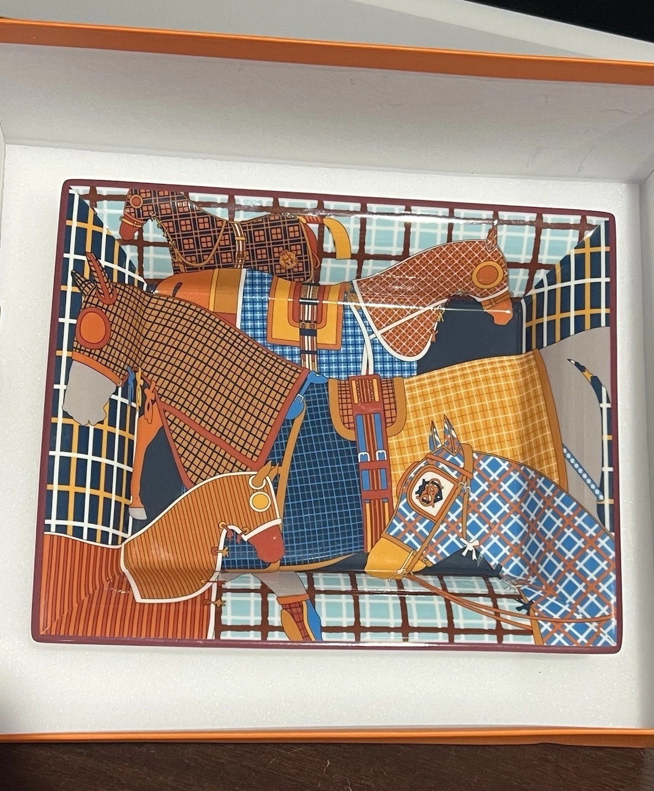 Auth HERMES Pour Sortir Change Tray Vide Poche Porcelain Orange Horse Valet Box