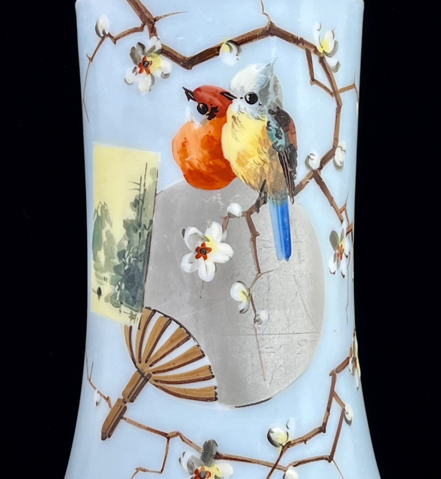 Asian Handpainted Vase Bird Cherry Blossoms Blue White Opaque Glass 1930s
