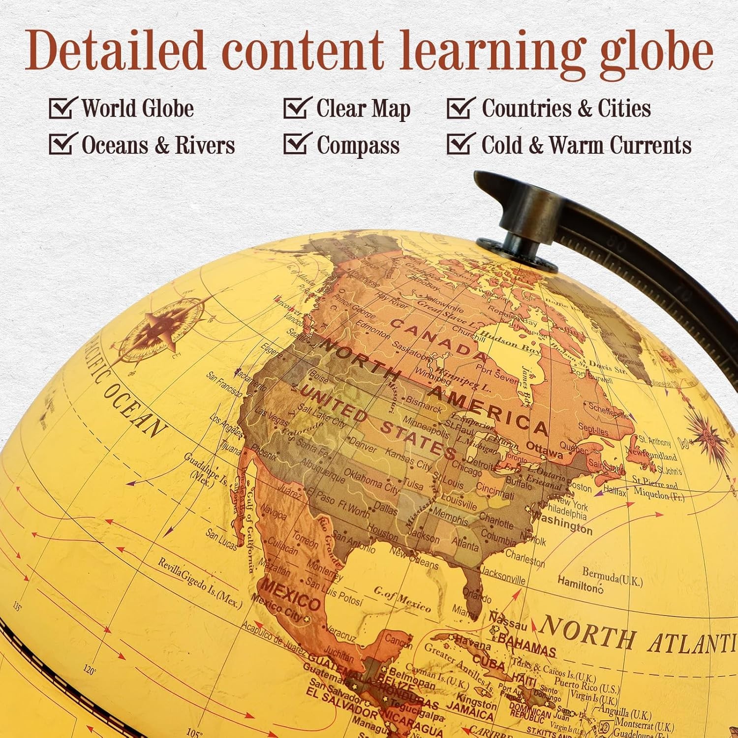 Illuminated World Globe with Wood Stand, 8” Vintage Globes for Adults, Light Up