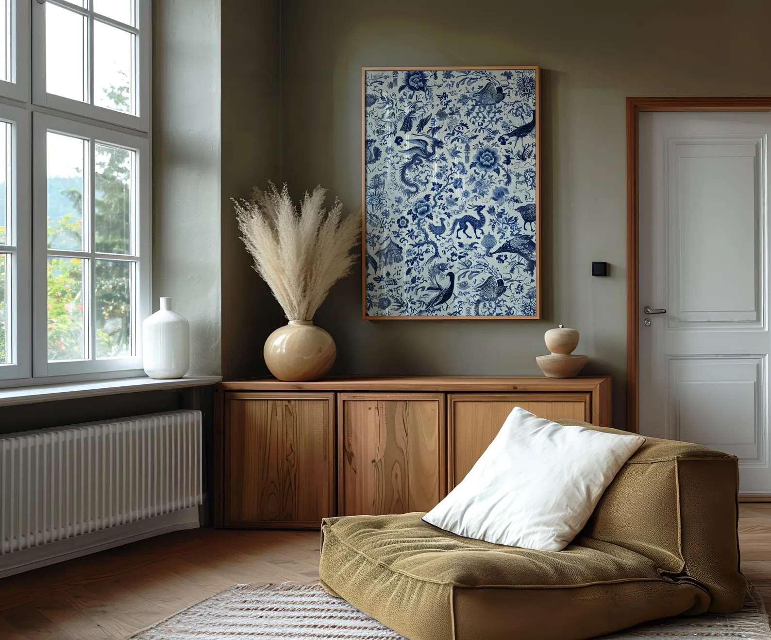 Blue and White Chinoiserie Wall Art, Framed Dragon, Bird, and Plant Print