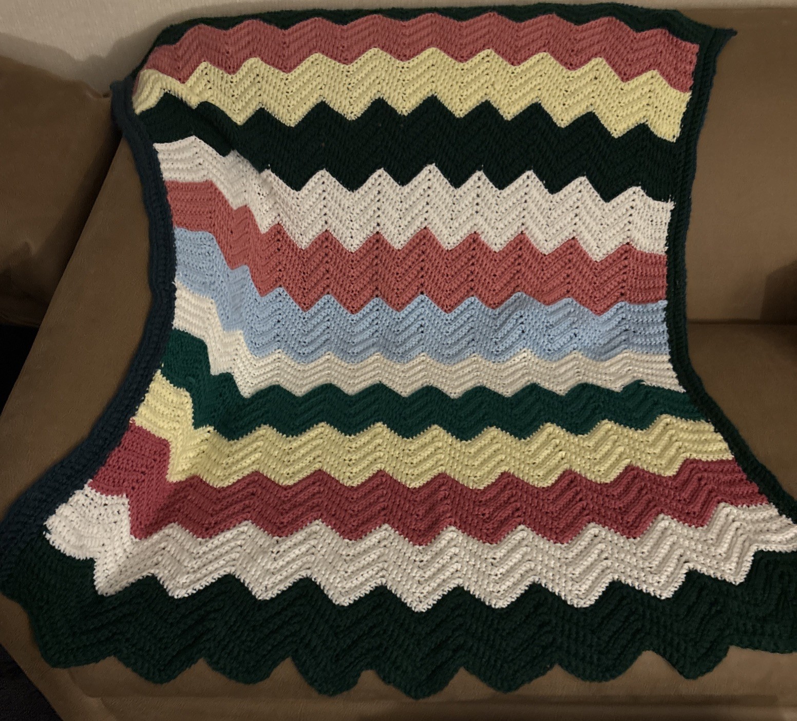 Handmade Crochet Chevron Afghan Blanket Multicolor Zig Zag Throw 38 x 40 Approx