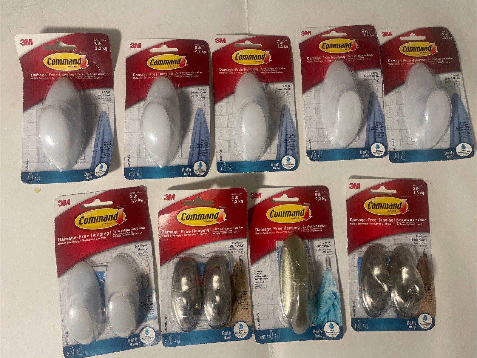 Lot! Command Medium 3lb/ Large 5lb Bath Hooks, Water Resistance Strips, 12 Hooks