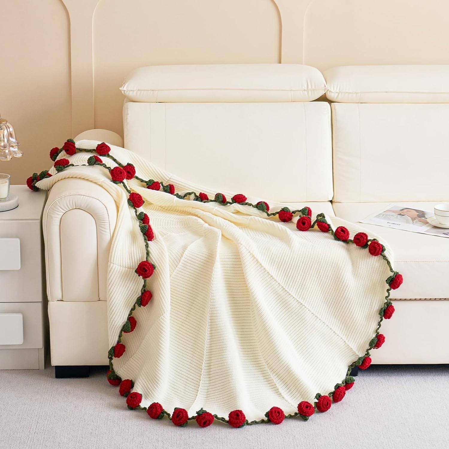 Crochet Flower 60inche Throw Blanket, Handmade Knitted Blanket with Rose Flowers