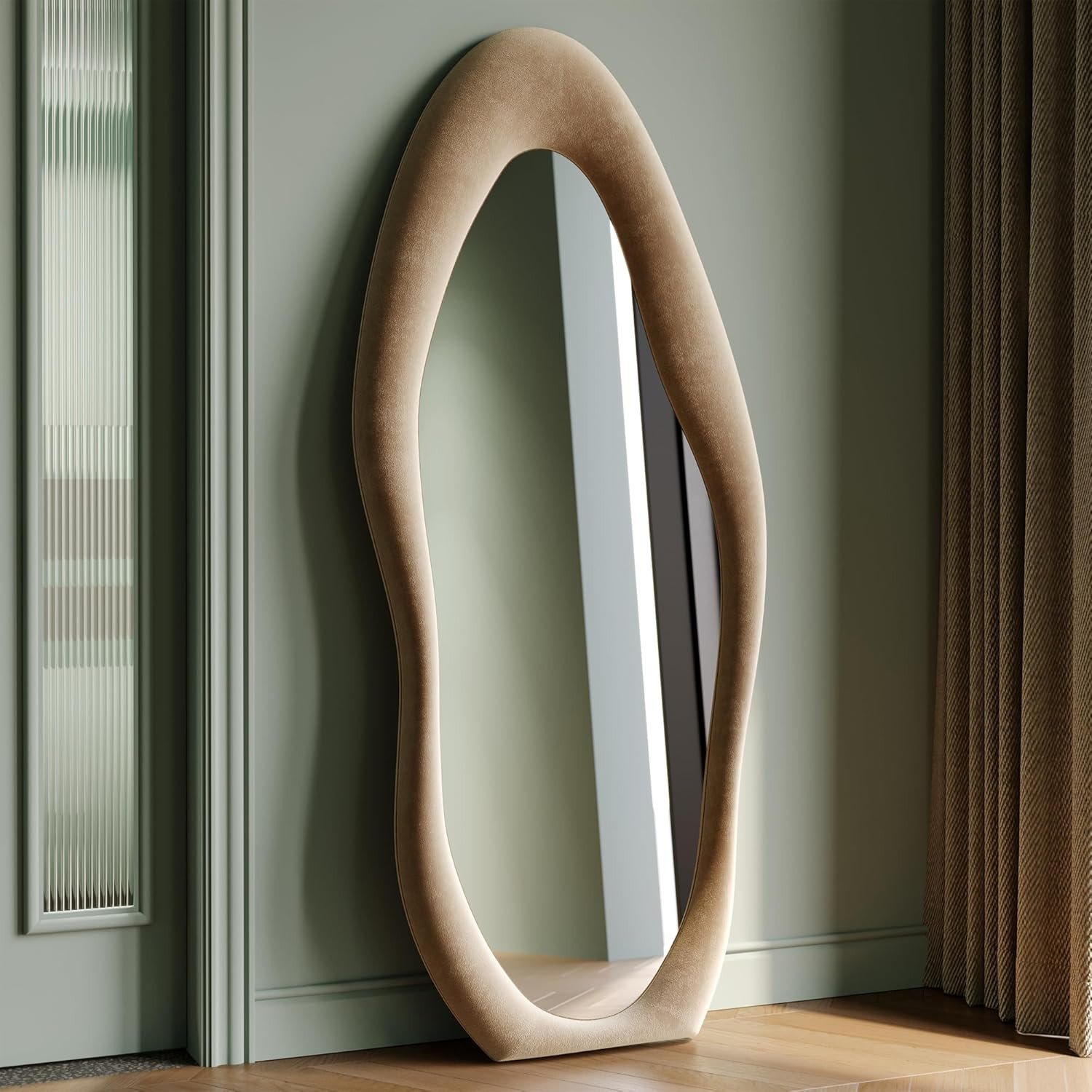 63×24 Full Length Floor Mirror Irregular Wavy Wall Mirror Flannel Frame Decor